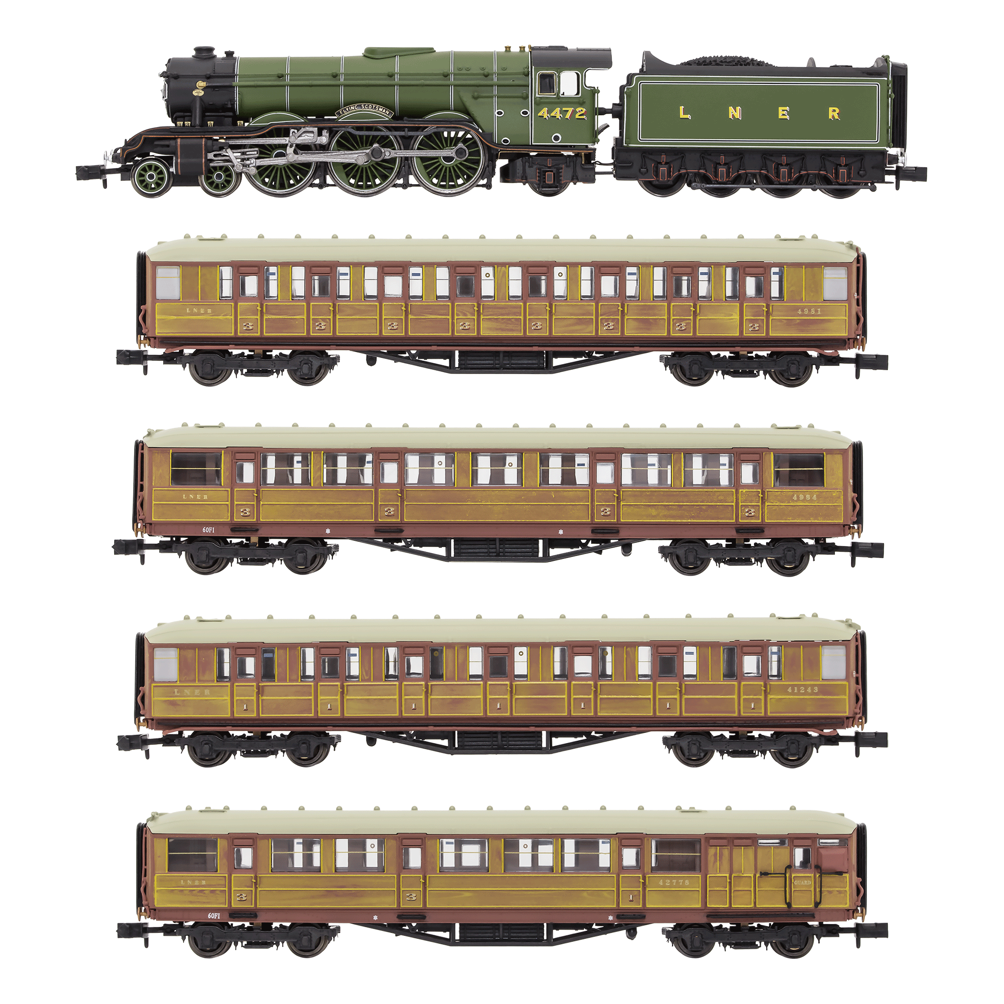 2S-011-010 A3 Flying Scotsman 4472 LNER Apple Green + 4 Teak Gresleys