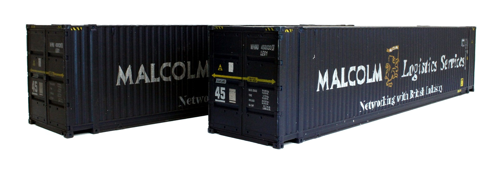 4F-028-004 OO Gauge 45 Ft C'tnr Hi Cube Malcolm Logistics 450033 3 & 0029 3 Wthd