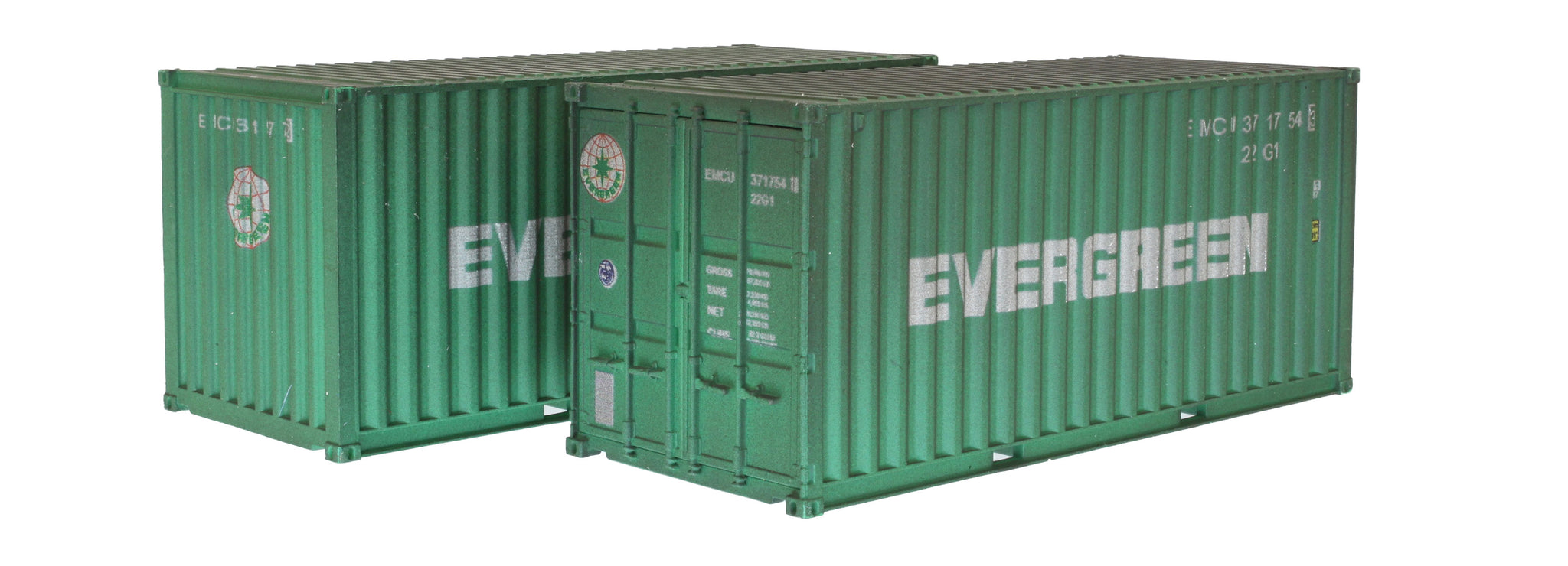 4F-028-056 OO Gauge Container 20FT Evergreen EMCU Twin Pack 7591 5 & 01151 3 Weathered